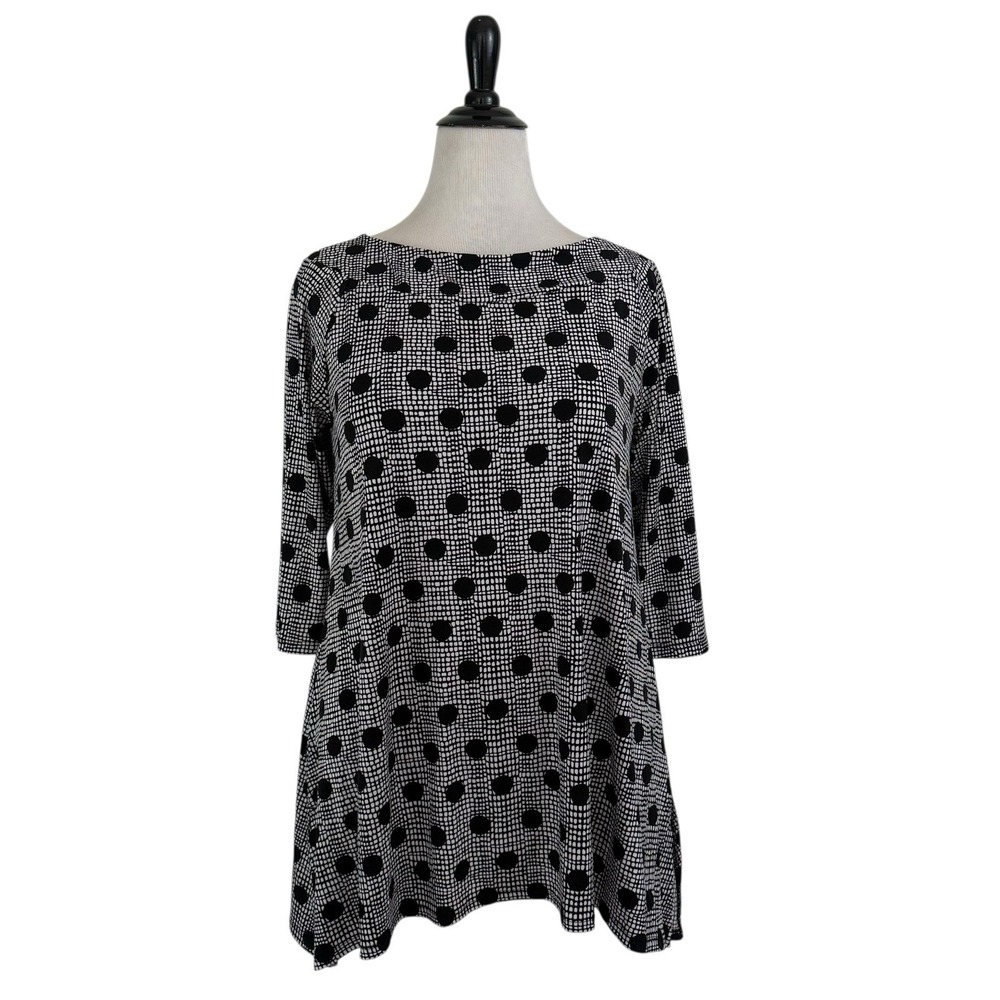 CHICO'S Slinky Stretch Polka Dot TOP Black 1 8 M Tunic Knit Preppy Office Swing